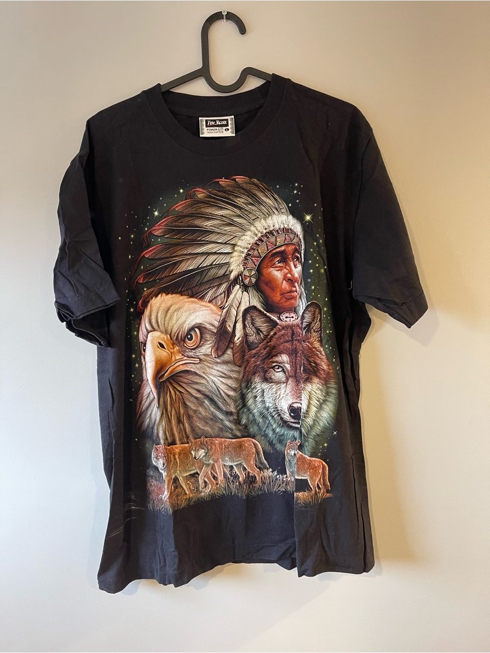 Graphic Short Sleeve Tee with Native Chief, Eagle & Wolf - Black